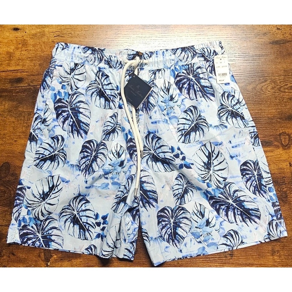 Brooks Brothers Mens Blue Tropical Leaf Print Swim Trunks 6 Inch Inseam Medium